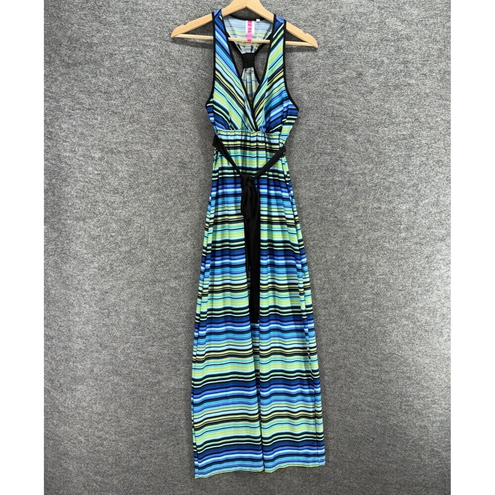 Heart Soul Dress Women XL Blue Striped Maxi Long V-Neck Belted Sleeveless Casual